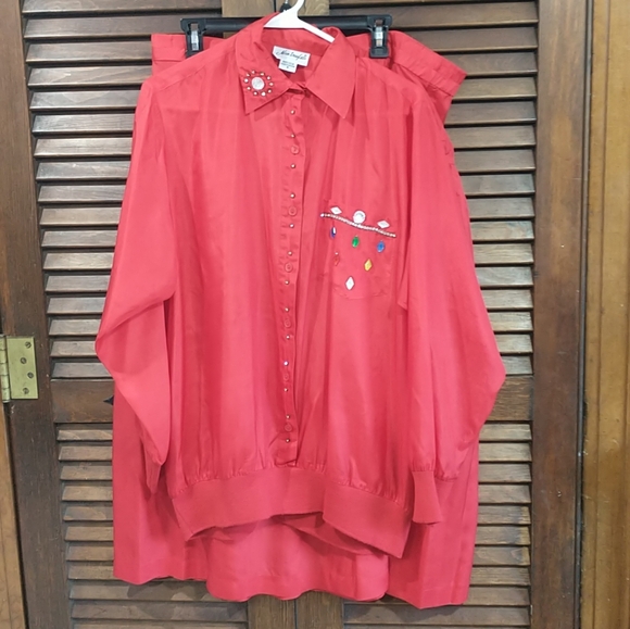 Vintage Adam Douglass Cherry Red 100% Silk Skirt & Blouse Set Size Medium - Picture 9 of 9